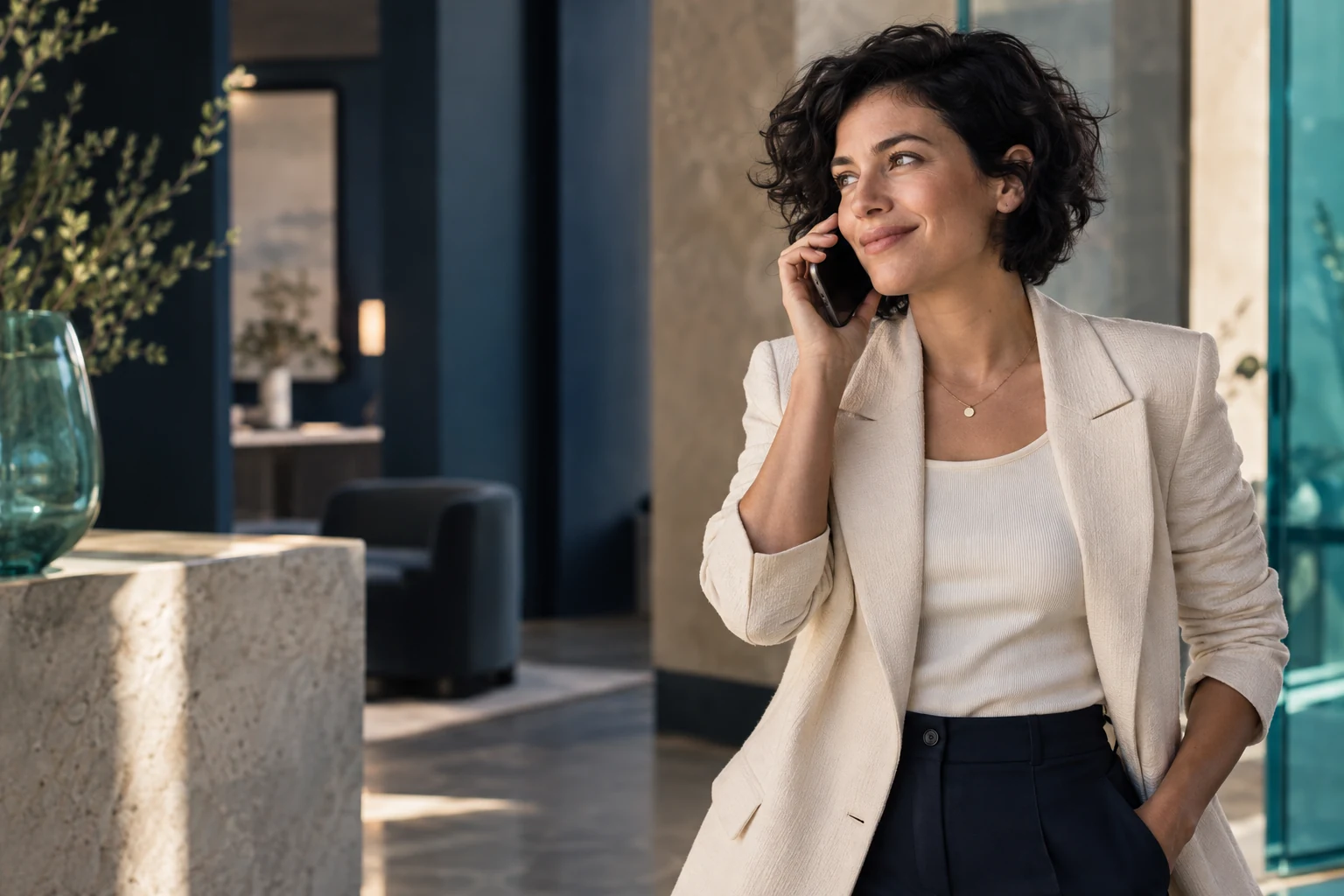 A customer enjoying a relaxed phone conversation in a contemporary business setting
